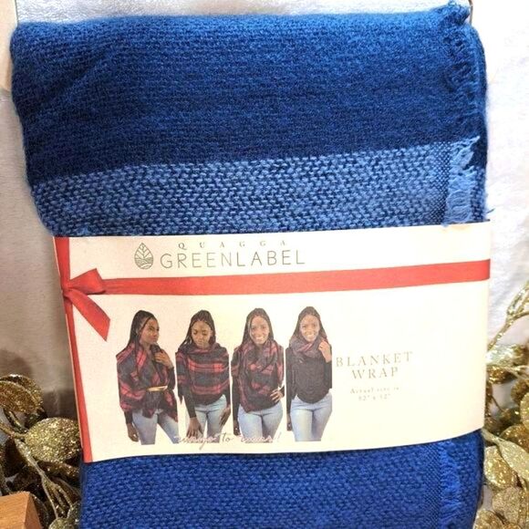 Quagga Blanket Wrap Scarf Navy Buffalo Checked Green Label Italian - Picture 4 of 9